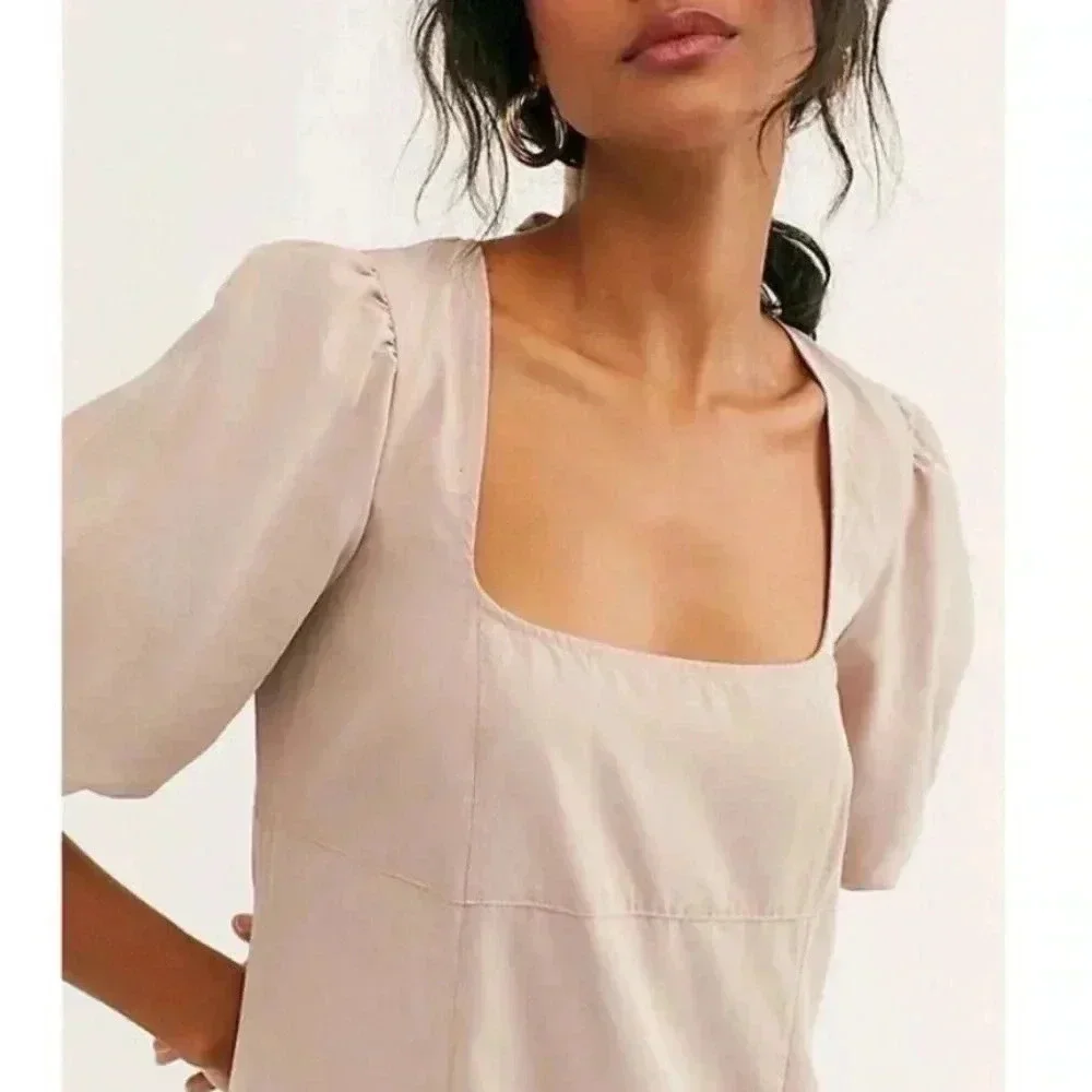 FREE PEOPLE Jordan Puff Short Sleeve Ruffle Hem Midi Dress Size XS